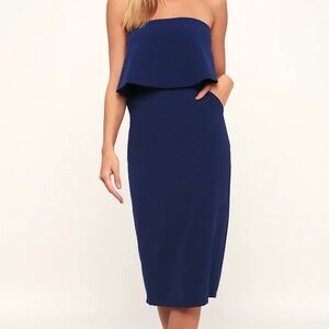 NWT Lulus Lots of Love Strapless Midi Dress Navy Blue Women's Extra Small XS